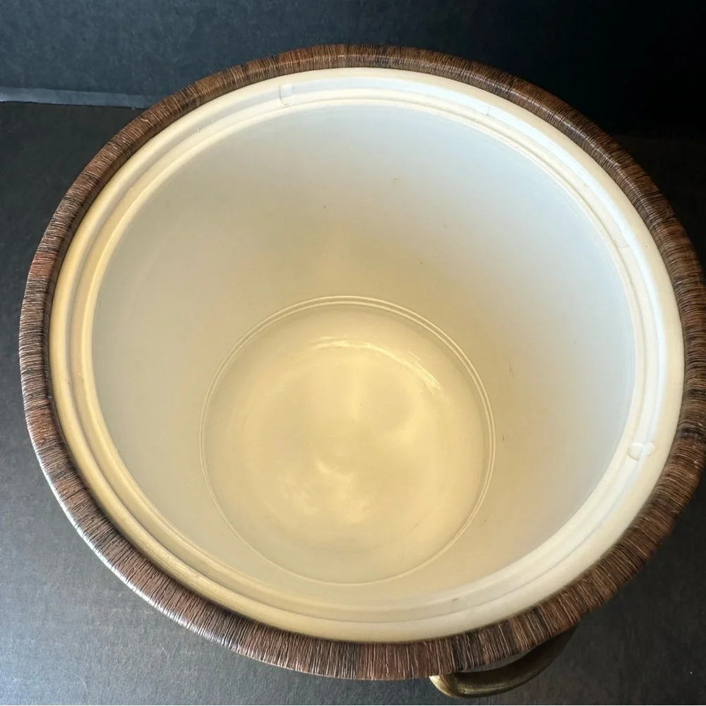 Vintage MCM Ice Bucket Faux Wood Grain Vinyl Brass Handle Lid Barware 1960s 70s